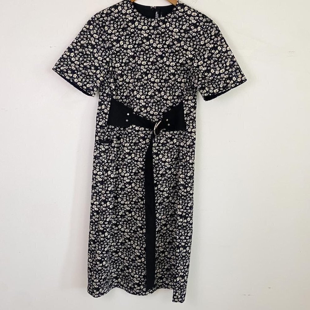 CALVIN KLEIN 205W39NYC black and yellow floral short sleeve knee length dress